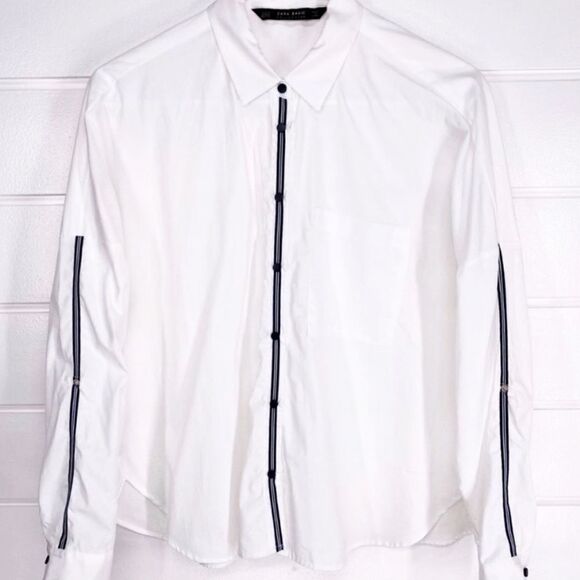 Zara Basic Editions White With Navy Contrast Piping Relaxed Button Down Shirt XS - Picture 4 of 6